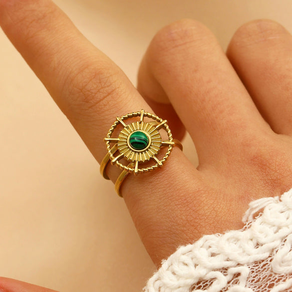 Stainless Steel Natural Stone Ring Electroplated With Gold Geometric Retro Style For Women
