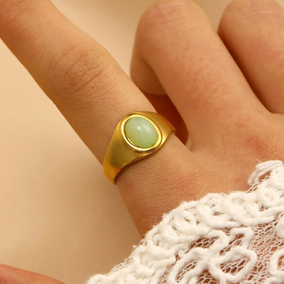 Stainless Steel Natural Stone Ring Electroplated With Gold Geometric Retro Style For Women