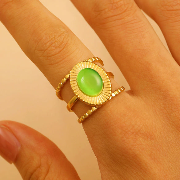 Stainless Steel Natural Stone Ring Electroplated With Gold Geometric Retro Style For Women