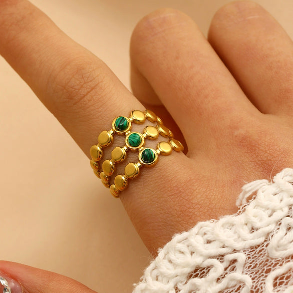 Stainless Steel Natural Stone Ring Electroplated With Gold Geometric Retro Style For Women