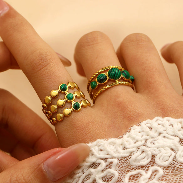 Stainless Steel Natural Stone Ring Electroplated With Gold Geometric Retro Style For Women