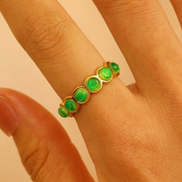 Stainless Steel Natural Stone Ring Electroplated With Gold Geometric Retro Style For Women