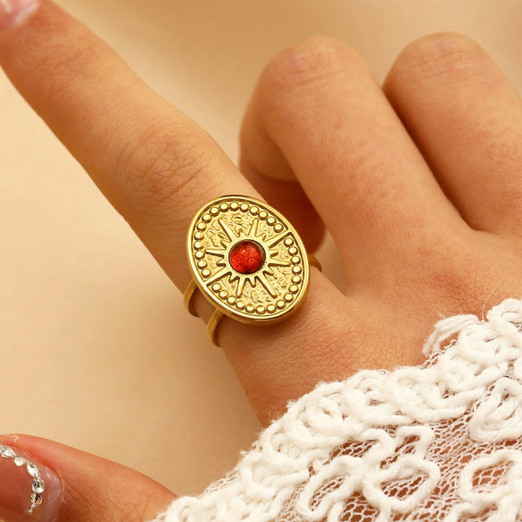 Stainless Steel Natural Stone Ring Electroplated With Gold Geometric Retro Style For Women