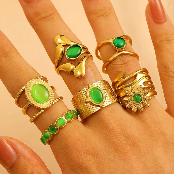 Stainless Steel Natural Stone Ring Electroplated With Gold Geometric Retro Style For Women
