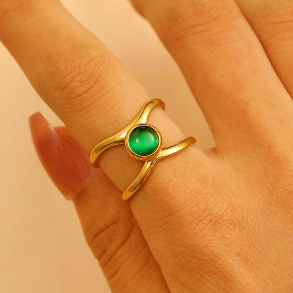 Stainless Steel Natural Stone Ring Electroplated With Gold Geometric Retro Style For Women