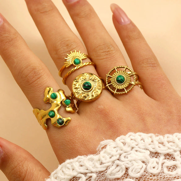 Stainless Steel Natural Stone Ring Electroplated With Gold Geometric Retro Style For Women