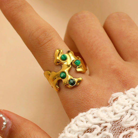 Stainless Steel Natural Stone Ring Electroplated With Gold Geometric Retro Style For Women