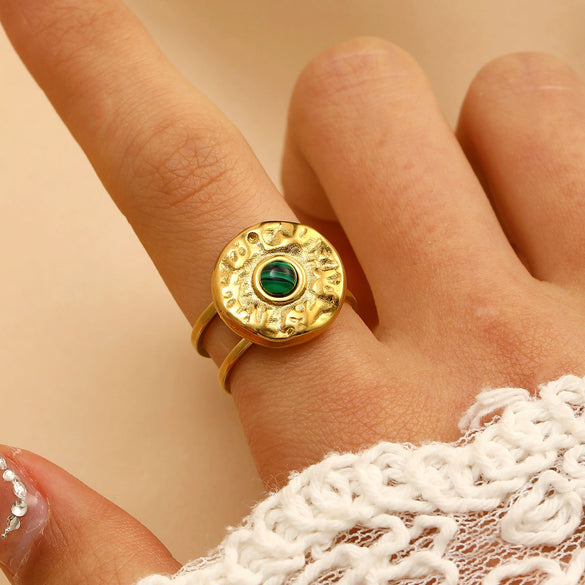 Stainless Steel Natural Stone Ring Electroplated With Gold Geometric Retro Style For Women