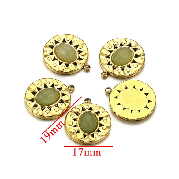Stainless Steel Natural Stone Round Oval Vintage Embossed Pendant Jewelry Accessories For Necklace Earrings With Electroplating