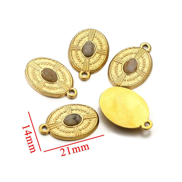 Stainless Steel Natural Stone Round Oval Vintage Embossed Pendant Jewelry Accessories For Necklace Earrings With Electroplating