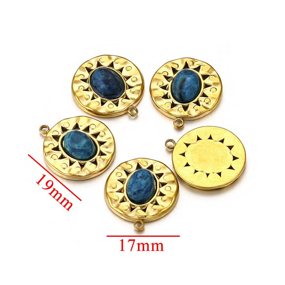 Stainless Steel Natural Stone Round Oval Vintage Embossed Pendant Jewelry Accessories For Necklace Earrings With Electroplating