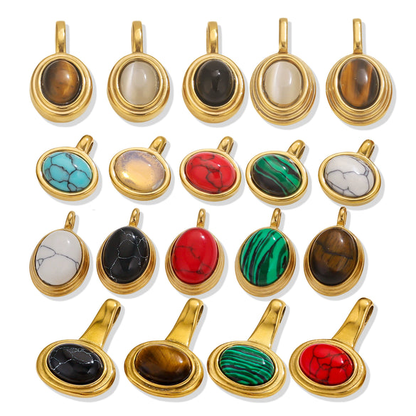 Stainless Steel Natural Stone Tiger Eye Oval Pendant Jewelry Accessories Retro Geometric Totem Electroplated