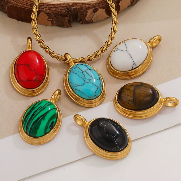 Stainless Steel Natural Stone Tiger Eye Oval Pendant Jewelry Accessories Retro Geometric Totem Electroplated