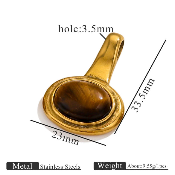 Stainless Steel Natural Stone Tiger Eye Oval Pendant Jewelry Accessories Retro Geometric Totem Electroplated