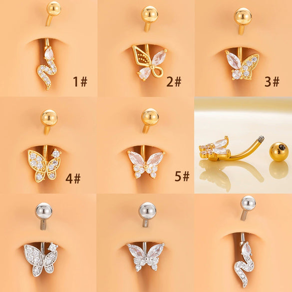 Stainless Steel Navel Ring With Zircon Butterfly Snake Design Electroplated Women's Fashion Jewelry