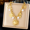 Stainless Steel Necklace Goldplated Sun Flower Ancient Building Tag Jewelry Clavicle Chain Chic Minimalist Style