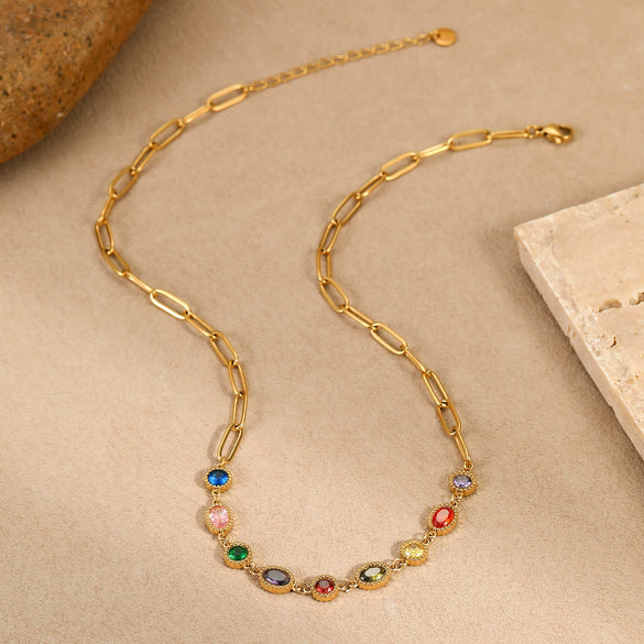 Stainless Steel Necklace Inlaid With Colorful Zircon Geometric Pattern Electroplated Women's Fashion Jewelry