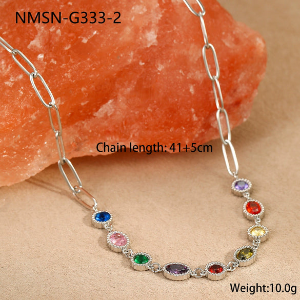 Stainless Steel Necklace Inlaid With Colorful Zircon Geometric Pattern Electroplated Women's Fashion Jewelry