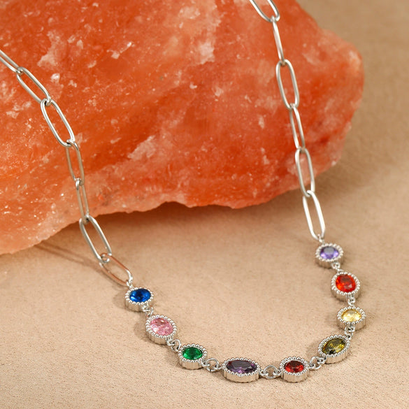 Stainless Steel Necklace Inlaid With Colorful Zircon Geometric Pattern Electroplated Women's Fashion Jewelry