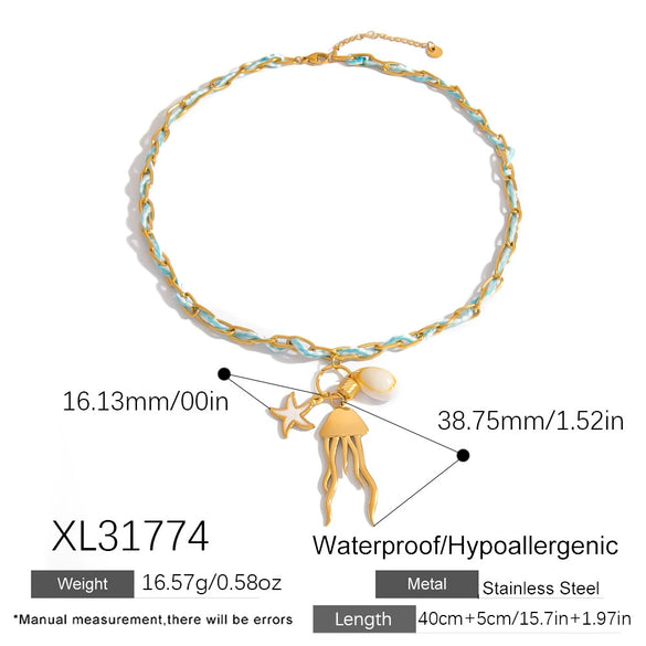 Stainless Steel Necklace With Colorful Rope Weaving Exaggerated Marine Life Pendant Animal Zodiac Flower Leaf U Shaped Star Design Electroplated