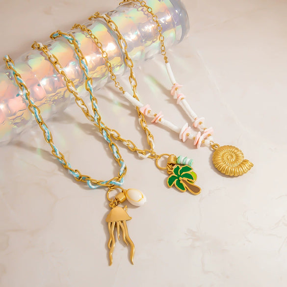 Stainless Steel Necklace With Colorful Rope Weaving Exaggerated Marine Life Pendant Animal Zodiac Flower Leaf U Shaped Star Design Electroplated