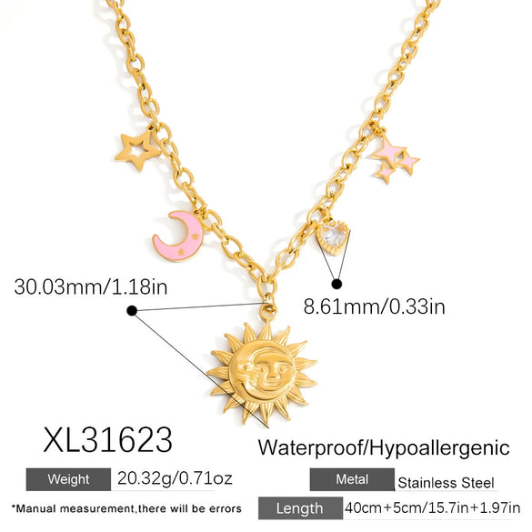 Stainless Steel Necklace With Star And Moon Pendant Electroplated Stacking Style For Women