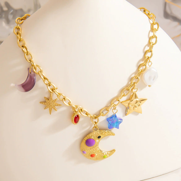Stainless Steel Necklace With Star And Moon Pendant Electroplated Stacking Style For Women