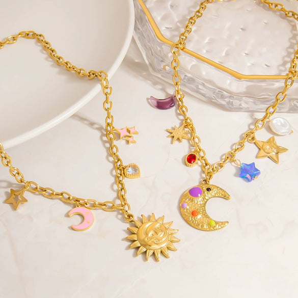 Stainless Steel Necklace With Star And Moon Pendant Electroplated Stacking Style For Women