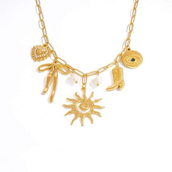 Stainless Steel Necklace With Sunflower Bow Pendant Geometric Heart Shape Electroplating For Women