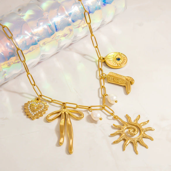Stainless Steel Necklace With Sunflower Bow Pendant Geometric Heart Shape Electroplating For Women