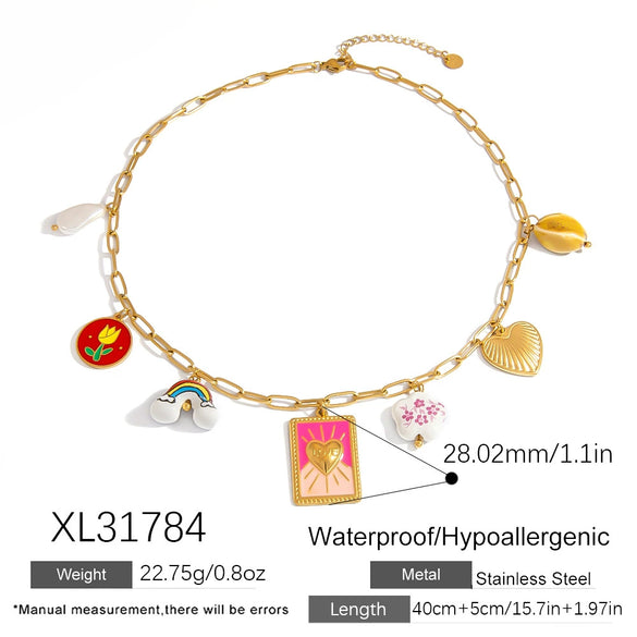 Stainless Steel Necklace With Tarot Card Heart Ceramic Printing U Shaped Pendant Electroplated Handmade Pearl Clavicle Chain