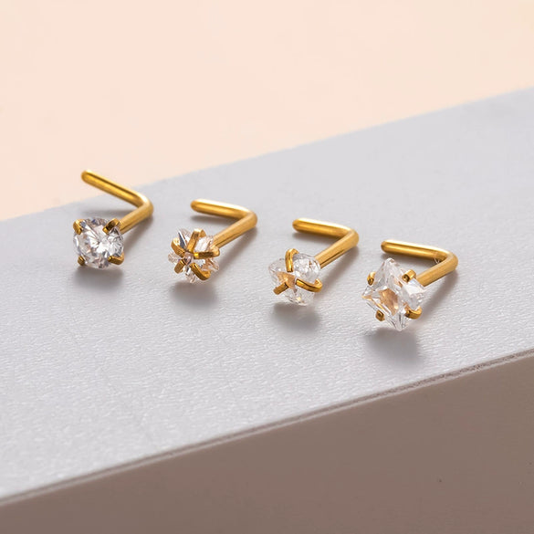 Stainless Steel Nose Nail Love Fivepointed Star Square Round Geometric Inlaid Zircon Puncture Jewelry For Women