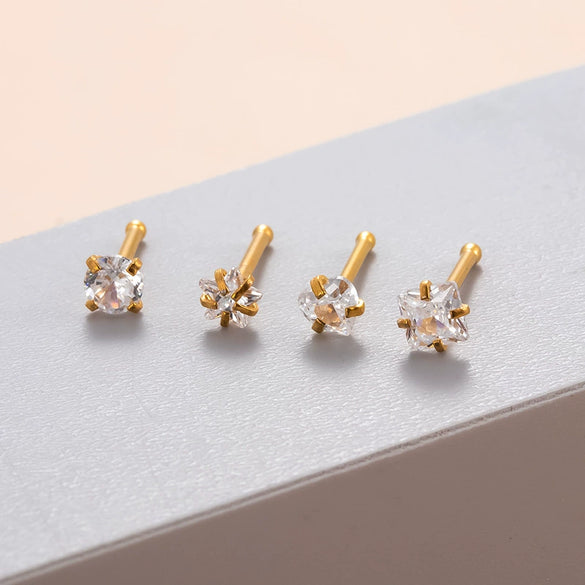 Stainless Steel Nose Nail Love Fivepointed Star Square Round Geometric Inlaid Zircon Puncture Jewelry For Women