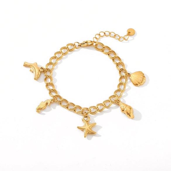 Stainless Steel Ocean Element Animal Geometric Style Electroplated Bracelet With Dolphin Seahorse Starfish Conch Shell Pendant