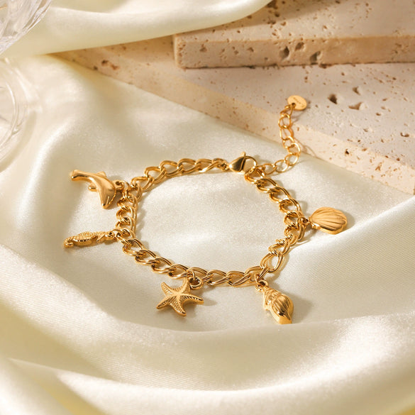 Stainless Steel Ocean Element Animal Geometric Style Electroplated Bracelet With Dolphin Seahorse Starfish Conch Shell Pendant