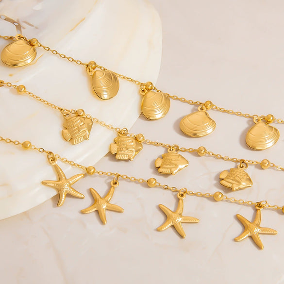 Stainless Steel Ocean Style Bracelet With Shell Starfish Sea Fish Animal Design Electroplated