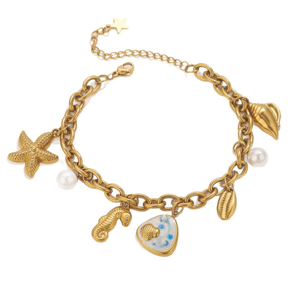 Stainless Steel Ocean Style Bracelet With Starfish Shell Pearl Electroplating
