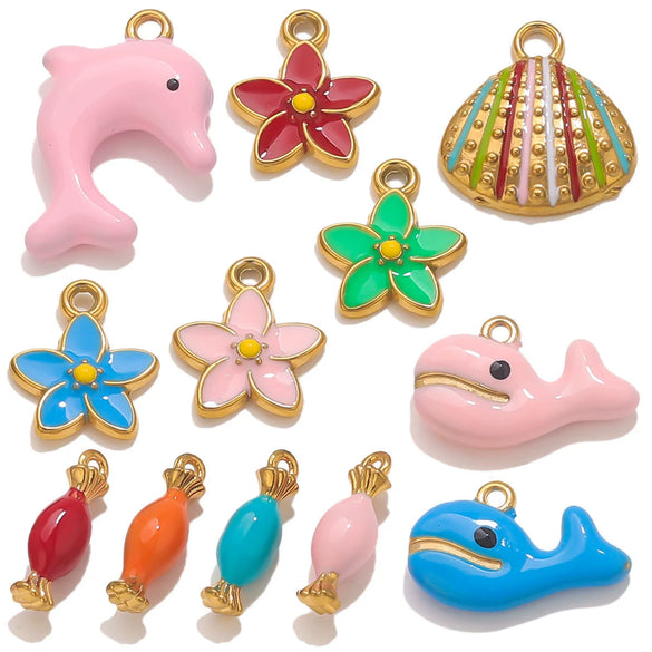 Stainless Steel Oil Dripping Dolphin Flower Shell Pendant Jewelry Accessories