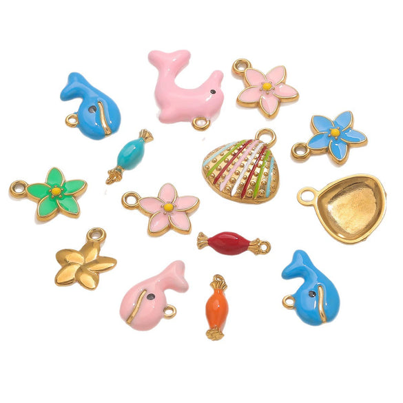 Stainless Steel Oil Dripping Dolphin Flower Shell Pendant Jewelry Accessories