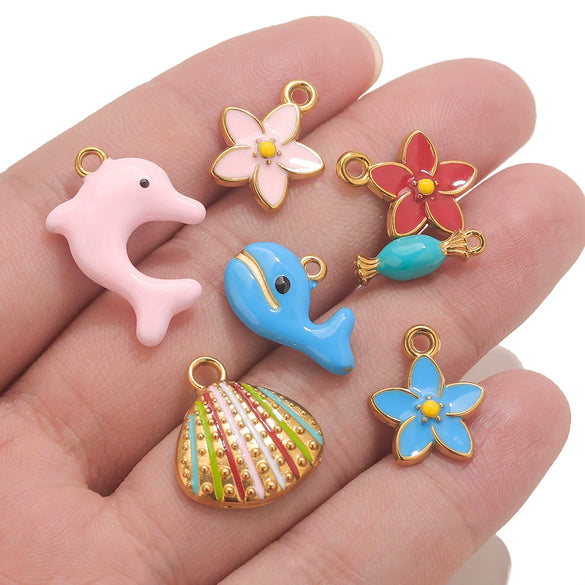 Stainless Steel Oil Dripping Dolphin Flower Shell Pendant Jewelry Accessories