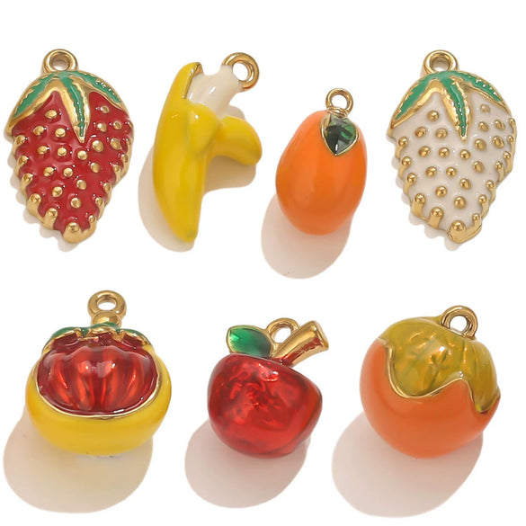 Stainless Steel Oil Dripping Fruit Pendant Jewelry Necklace Bracelet With Strawberry Banana Apple Shapes