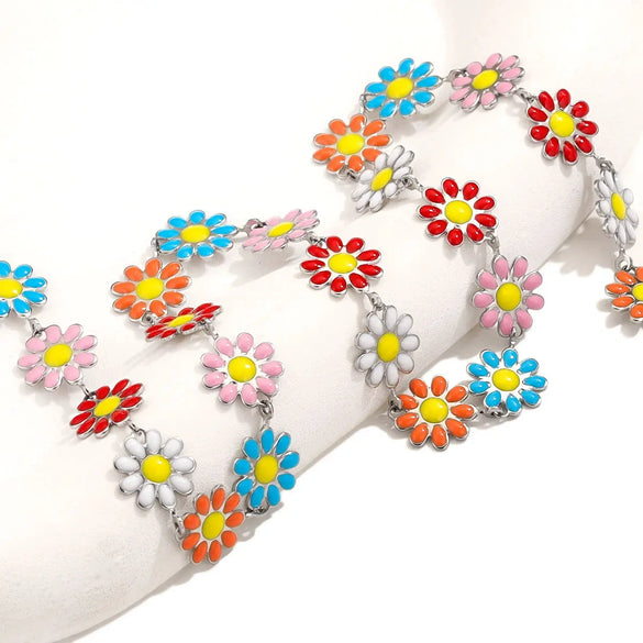 Stainless Steel Oil Drop Color Daisy Totem Handmade Jewelry Necklace Earrings