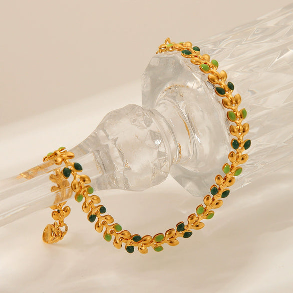Stainless Steel Oil Dropping Olive Leaf Geometric Flowers Electroplated Bracelet