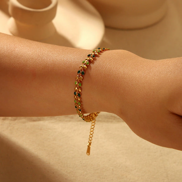 Stainless Steel Oil Dropping Olive Leaf Geometric Flowers Electroplated Bracelet
