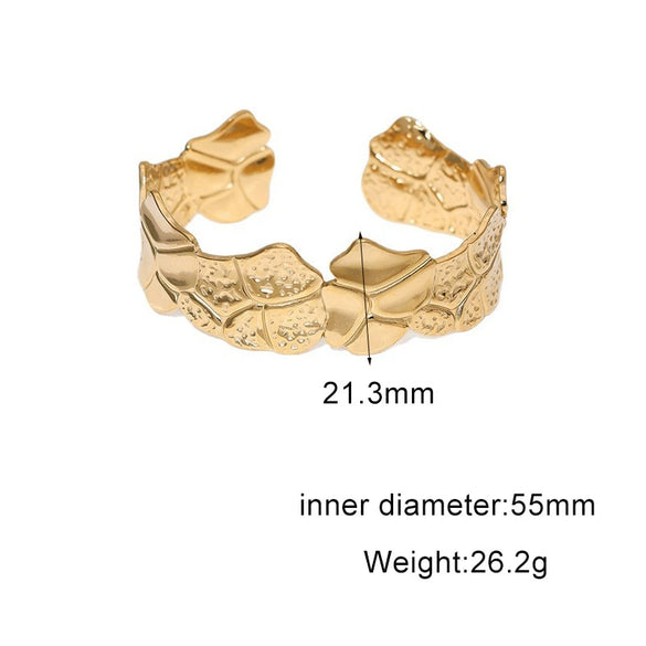 Stainless Steel Open Bangle Bracelet With Geometric Line Pattern And Electroplated Fade Resistant Finish