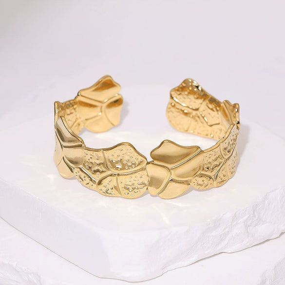 Stainless Steel Open Bangle Bracelet With Geometric Line Pattern And Electroplated Fade Resistant Finish