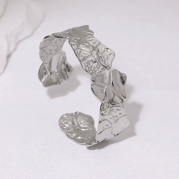 Stainless Steel Open Bangle Bracelet With Geometric Line Pattern And Electroplated Fade Resistant Finish