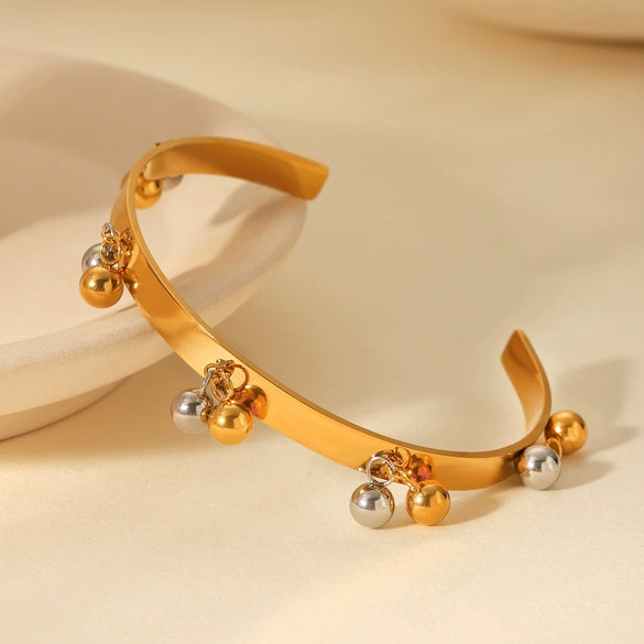 Stainless Steel Open Bracelet Gold And Silver Color Matching Ball Bead Tassel Electroplating Geometric Niche Design