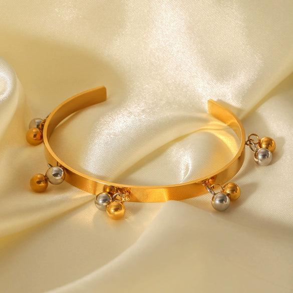 Stainless Steel Open Bracelet Gold And Silver Color Matching Ball Bead Tassel Electroplating Geometric Niche Design