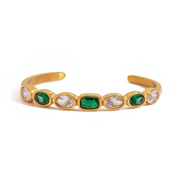 Stainless Steel Open Bracelet Jewelry With Electroplating Luxurious Style White Green Zircon And Geometric Design
